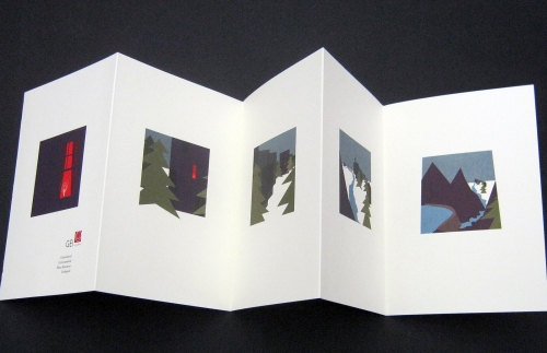 holiday card 2011 (side 1) presents a series of illustrations that depiict a continous perspective starting with a sequence that pulls back from a window, down a street, through a community, ending wi